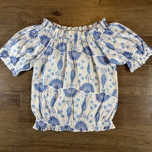 CeCe Blue White Paisley Floral Cotton Off Shoulder Smocked Blouse Top Small